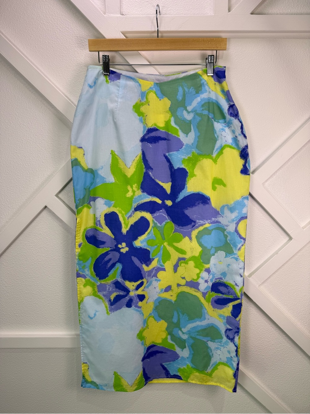 NWT Sabo Florence Midi Skirt Floral Linen Cotton Side Slit Blue Yellow Size US 8